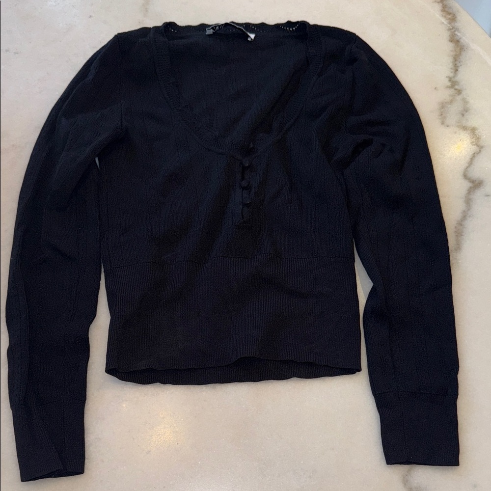 Zara Black low scoop Sweater pointelle